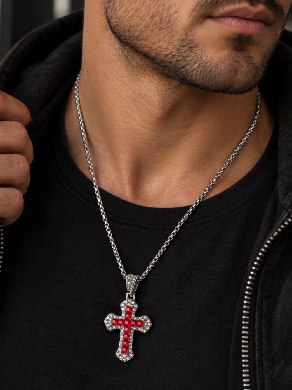 Mens Red Cross Necklace Silver Iced Out Rhinestone Bold Christian Pendant 24"